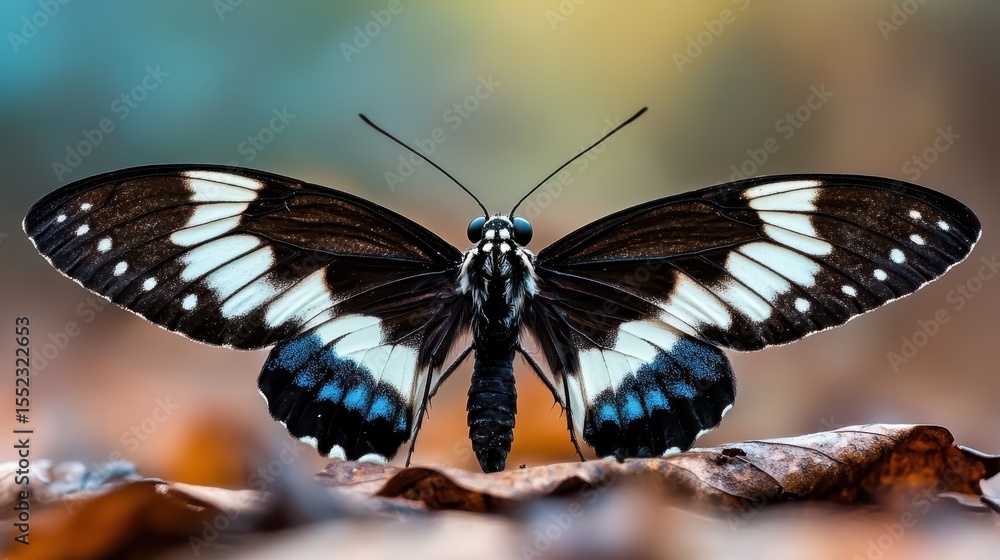 Poster a breathtaking close-up of a butterfly perched on leaves, vividly displaying its intricate patterns 