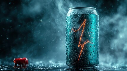 A sleek, chilled can featuring vibrant graphics is set against a misty background, conveying the refreshing and energetic essence of a popular beverage in a dramatic way.