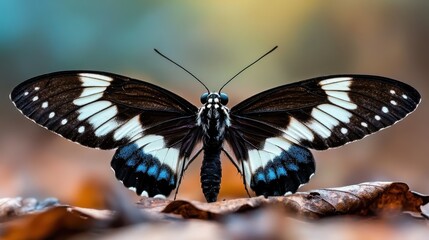 A breathtaking close-up of a butterfly perched on leaves, vividly displaying its intricate patterns and colors, symbolizing beauty and the fragility of nature.