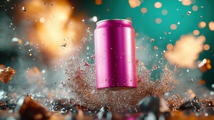 An eye-catching pink soda can explodes in a thrilling display of color and motion, capturing the essence of excitement and fun with vivid effects surrounding it.