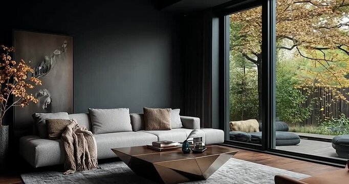 Interior living room scene with a light gray sofa wooden table and large window overlooking autumn trees