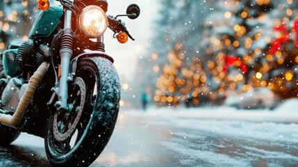 A sleek motorcycle stands prominently in a snow-covered street adorned with festive decorations, merging the elements of adventure, winter charm, and seasonal spirit beautifully.