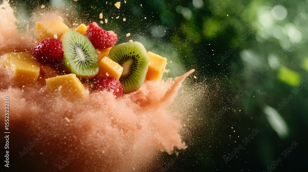 Poster a dynamic explosion of colorful fruits combined with splashes creates an energetic scene that symbol
