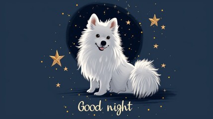Full body portrait of excited white spitz dog with good night text on dark blue background decorated with golden stars