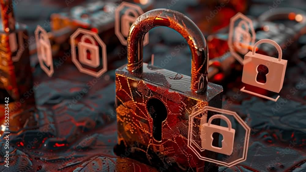 Poster digital illustration of padlock surrounded by security icons, symbolizing cybersecurity and data pro