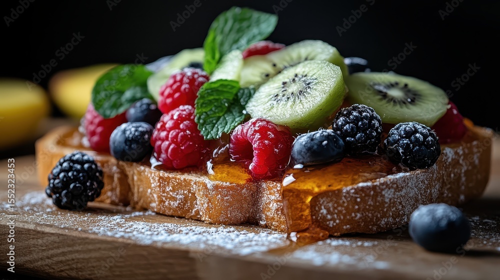 Poster this vibrant image showcases a slice of toast topped with an array of fresh fruits like berries and 