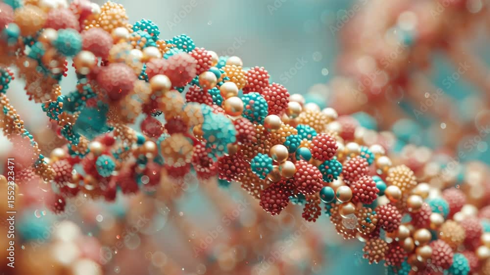 Poster colorful dna double helix rotating smoothly with particles floating around, representing genetic cod