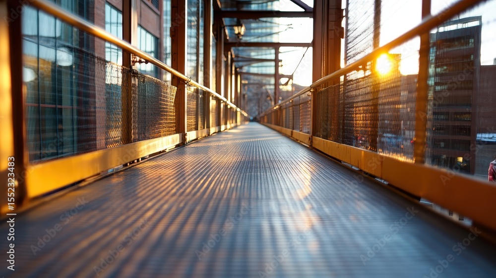 Poster a serene modern walkway with golden sunset light cascading over the textured surface, creating an in