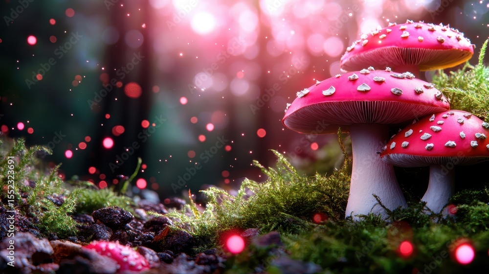 Poster a fantasy-inspired image of vibrant red mushrooms surrounded by soft, glowing lights, creating a mag