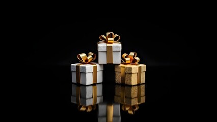 Three luxury white and gold gift boxes with golden bows stacked in a pyramid, reflecting on a glossy surface against a solid black background.
