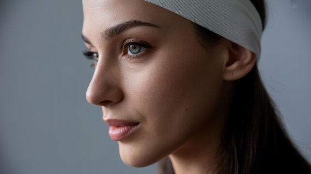 Profile of young caucasian female with headband and natural makeup in soft lighting