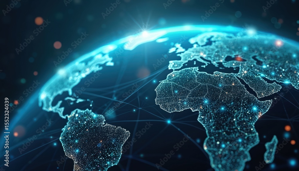Poster global network connections illuminating earth illustration. futuristic digital earth globe with ligh