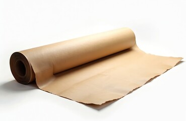 Fototapeta premium Roll brown paper partially unrolled on white background. Parchment paper texture, eco-friendly concept. Kitchen baking, cooking ingredient material, art craft projects, gift wrapping, food packaging.