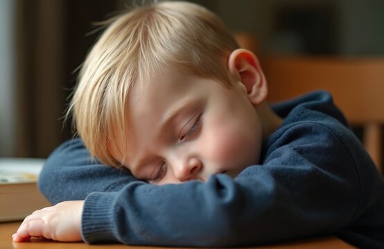Close-up of adorable sleeping toddler boy. Peaceful moment with closed eyes. Young child sleeps head resting on arm. Innocent boy rests on table at home.