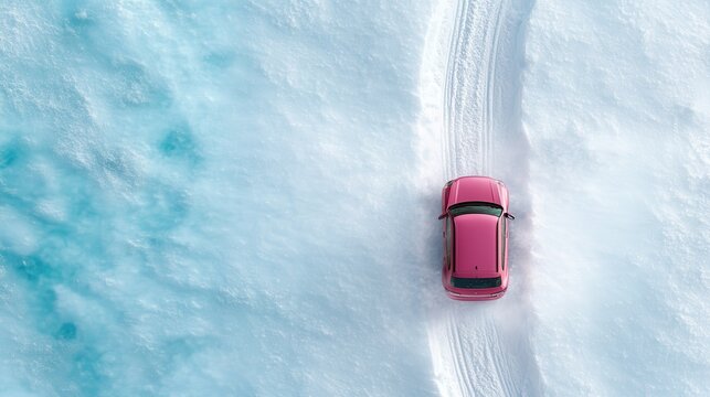 An aerial view of a vibrant red car driving along a snowy path beside a body of water, showcasing adventure, winter beauty, and the thrill of exploration in nature.