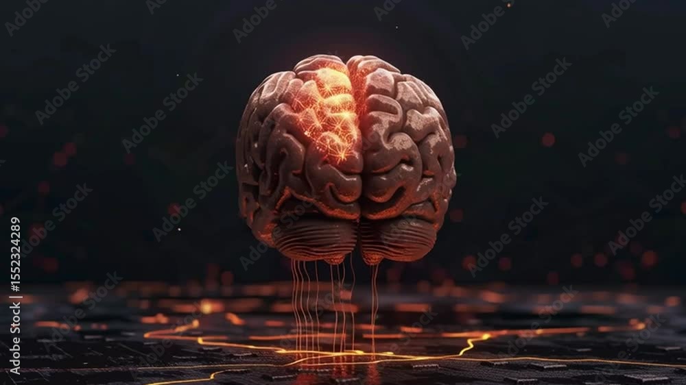 Poster glowing brain digital abstract of neural intelligence and creativity in technology