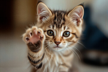 Obraz premium Curious kitten playfully touching camera lens