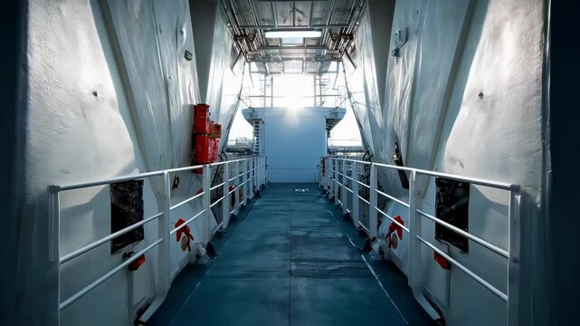 The view from inside a ships corridor highlighting an open emergency exit hatch that leads to the deck. Sunlight streams in through the opening illuminating a pathway marked with reflective