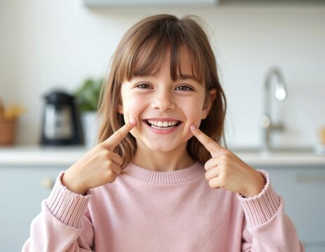 Young girl smiles pointing at teeth, happy emotion. Child wears pink sweater, shows perfect healthy teeth. Portrait of smiling schoolgirl, indoor background.