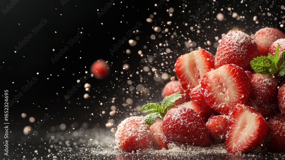 Poster a vibrant style of fresh strawberries dusted with powdered sugar, creating a striking visual with fl