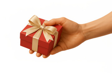 Hand holding a red gift box with gold ribbon isolated on white