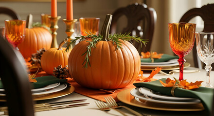 Elegant Autumnal Table Setting With Pumpkins And Festive Decorations