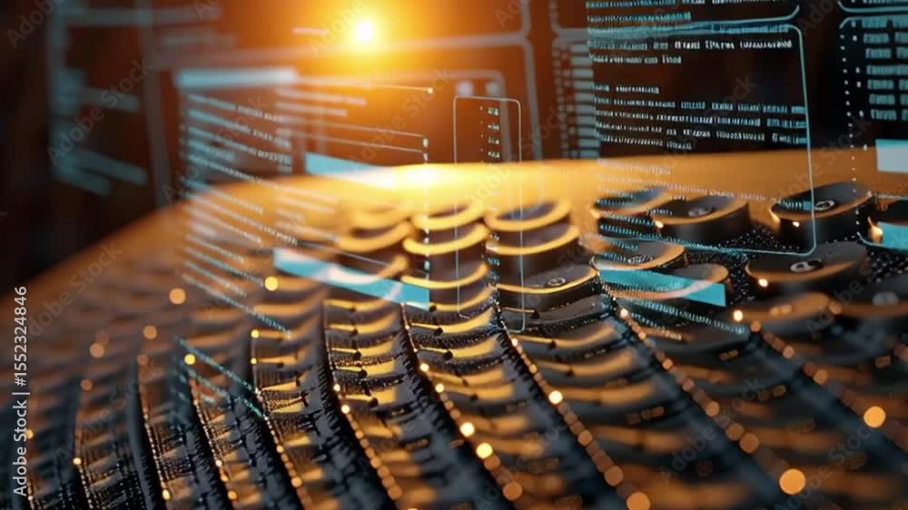 Poster close up of glowing computer keyboard with digital data overlay, showcasing futuristic technology an