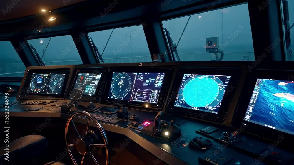 Poster multiple navigation and radar screens illuminate the command bridge of a modern ship, providing cruc