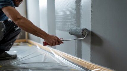 Male adult painting wall gray roller home renovation interior improvement