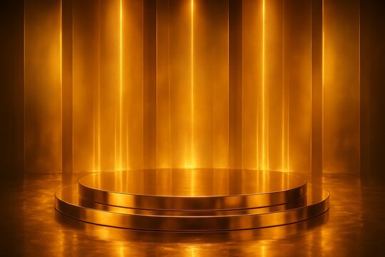 Golden spotlight stage with bright illuminated columns casting a radiant glow on a shiny multi tiered platform luxurious performance setup podium mockup background
