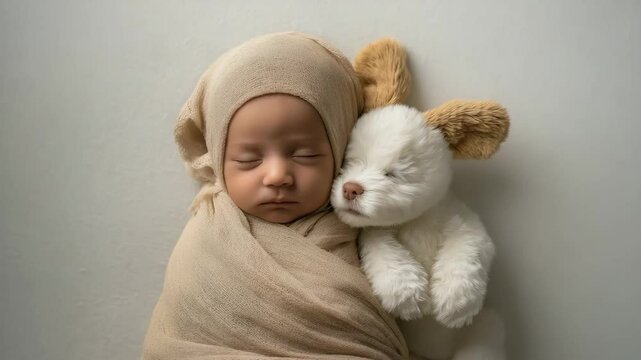 Baby schl&auml;ft mit flauschigem Hundewelpen &ndash; emotionale Studioaufnahme. K&uuml;nstliche Intelligenz KI