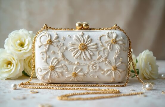 Elegant white and gold floral chikan clutch with chain. Intricate embroidery, stylish evening accessory for fashion, bridal, or formal events. Upscale design with exquisite craftsmanship.