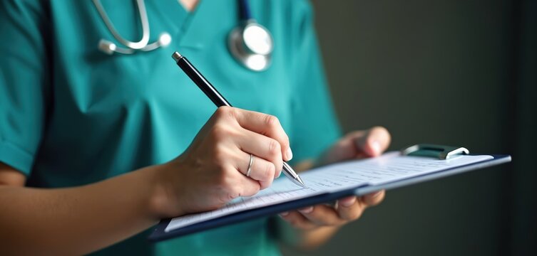 Nurse writes on clipboard in clinic. Healthcare pro filling medical report. Patient prescription, surgery schedule, insurance documents, checklist. Healthcare, medicine, treatment, hospital, - Powered by Adobe