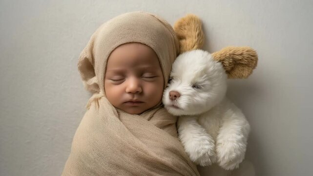 Baby schl&auml;ft mit flauschigem Hundewelpen &ndash; emotionale Studioaufnahme. K&uuml;nstliche Intelligenz KI