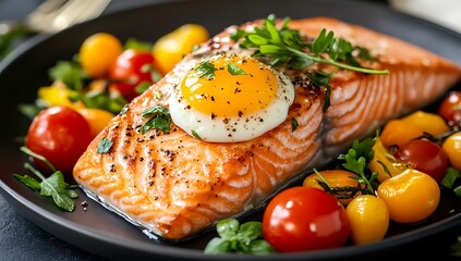 A close-up photo of perfectly cooked salmon fillet, done in bright colors ranging from orange to dark brown, decorated with egg yolk and fresh green herbs on top.