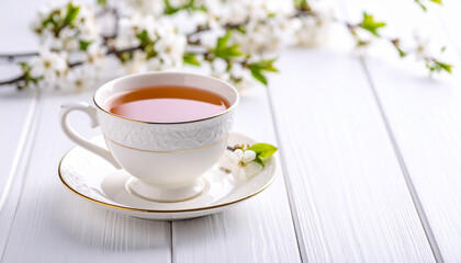 Delicate white tea cup filled with warm tea, elegantly placed on matching saucer, surrounded by blooming flowers and green leaves, evokes serene and inviting atmosphere