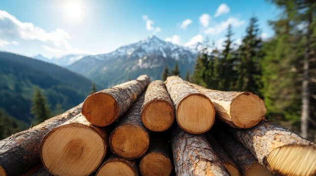 A picturesque view of neatly stacked logs in a lush mountain setting, highlighting the natural beauty of the forest and the timber industry in harmony with nature.