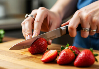 Woman cutting fresh strawberries in the kitchen
