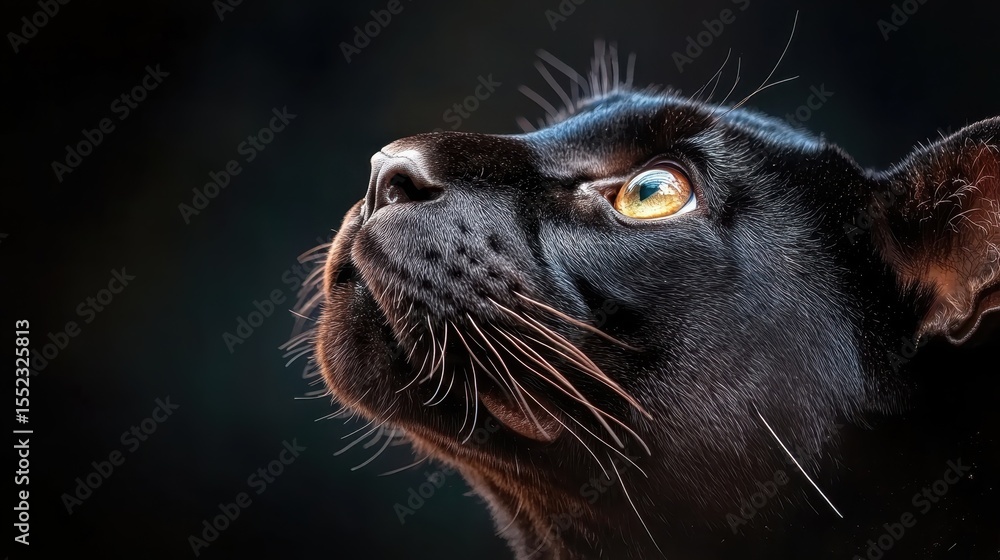 Poster a close-up of a black cat's expressive face highlights its enchanting features and striking eyes, cr