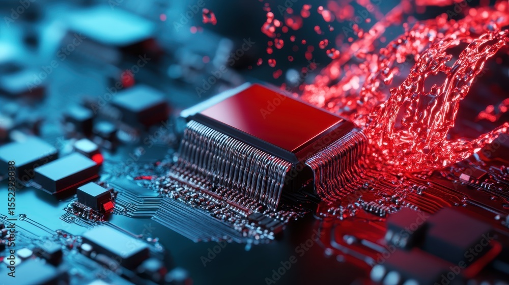 Poster an artistic representation of a computer chip surrounded by vibrant droplets, showcasing the interse