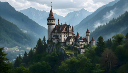 Ancient stone castle perched on a mountain surrounded by dense forest and natural landscape under a clear sky