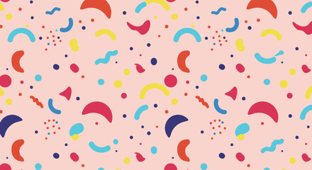Vibrant abstract pattern background with colorful geometric shapes and confetti