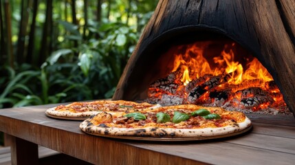 Two freshly baked pizzas topped with basil sit invitingly on a wooden table, showcasing the art of traditional wood-fired cooking in a lush garden setting.