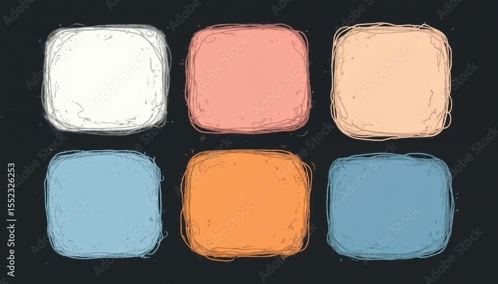Aufkleber Six colorful rounded square graphic templates on black backdrop. Elements ideal for various design projects like presentations web content. Use for presentations in advertising, social media.