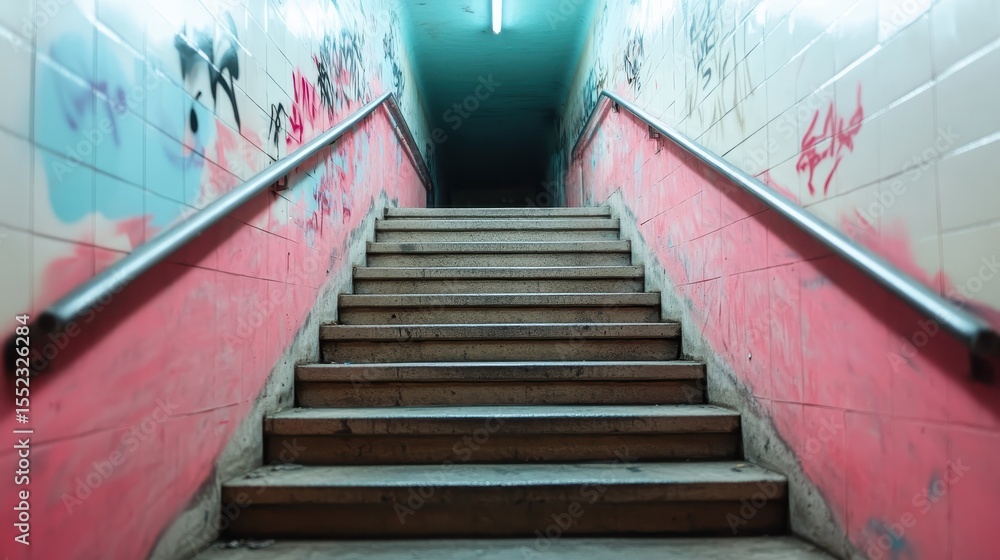 Poster a view of a staircase leading upward into a darkened area, illuminated by a neon light, creating an 