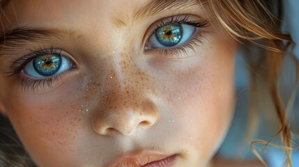 A detailed close-up of a young girl with mesmerizing blue eyes and charming freckles highlights her innocence and curiosity, radiating pure joy and wonder in one frame.