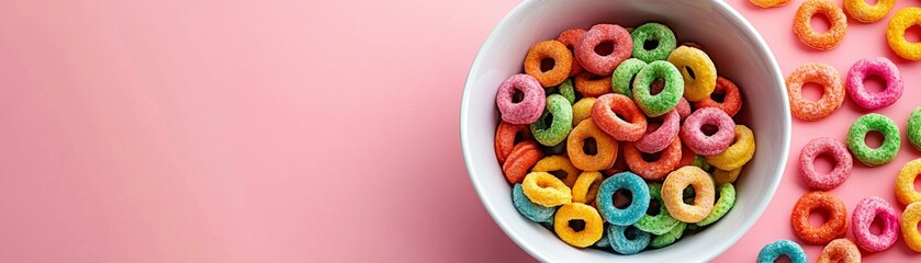 Bright and cheerful high-angle shot of a clean white bowl filled with colorful sugary cereal rings on a vibrant pink background, scattered cereal pieces beside the bowl, cheerful mood