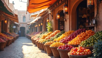 Sunny illustration Arabian market fruit display. Lanterns, alley create oriental atmosphere. Street vendors sell fresh produce. Exotic fruits, traditional bazaar, local culture. Vibrant colors of