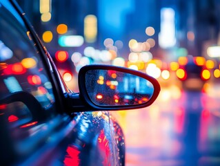Captivating close-up of a wet car side mirror with a reflective surface, set against a blurred cityscape at night featuring vibrant blue, yellow and red bokeh lights, showcasing urban
