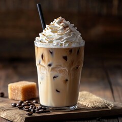 Close-up of a layered coffee beverage with whipped cream, ice cubes and a black straw on rustic wooden background, surrounded by coffee beans, sugar cube, burlap fabric, emphasizing